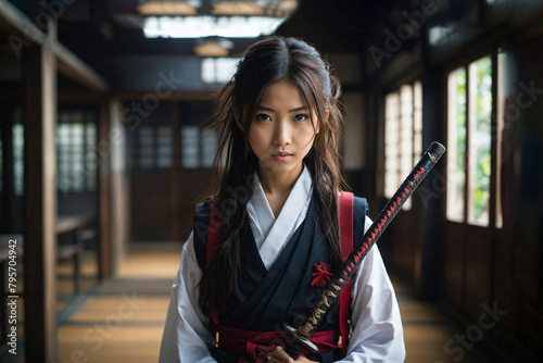 A Japanese girl, a schoolgirl with a sword in a Japanese house.