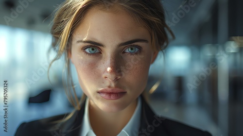 A photo of a young woman with freckles and blue eyes wearing a suit in an office setting.