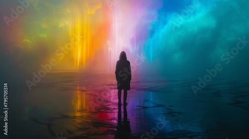 Abstract portrayal of human emotion as colorful auroras emanating from a silhouetted figure standing in a stark  monochromatic landscape.