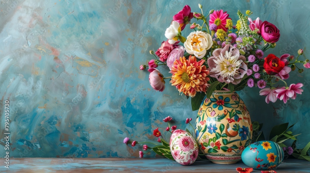 A vase filled with lots of colorful flowers next to two decorated eggs.