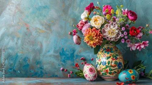 A vase filled with lots of colorful flowers next to two decorated eggs. © vannet