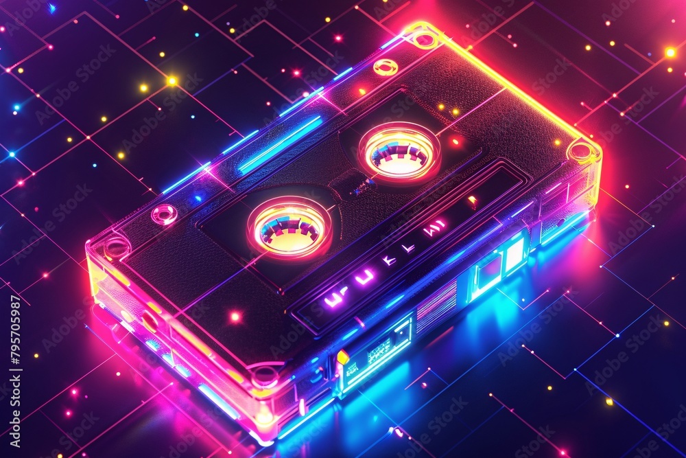 a cassette tape with neon lights