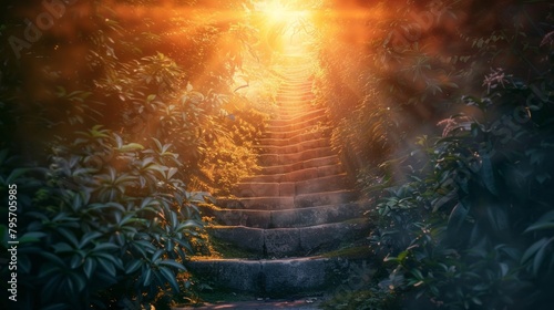 Close-up on a glowing stairway to heaven  a path of light and spirituality  offering solace and reflection.