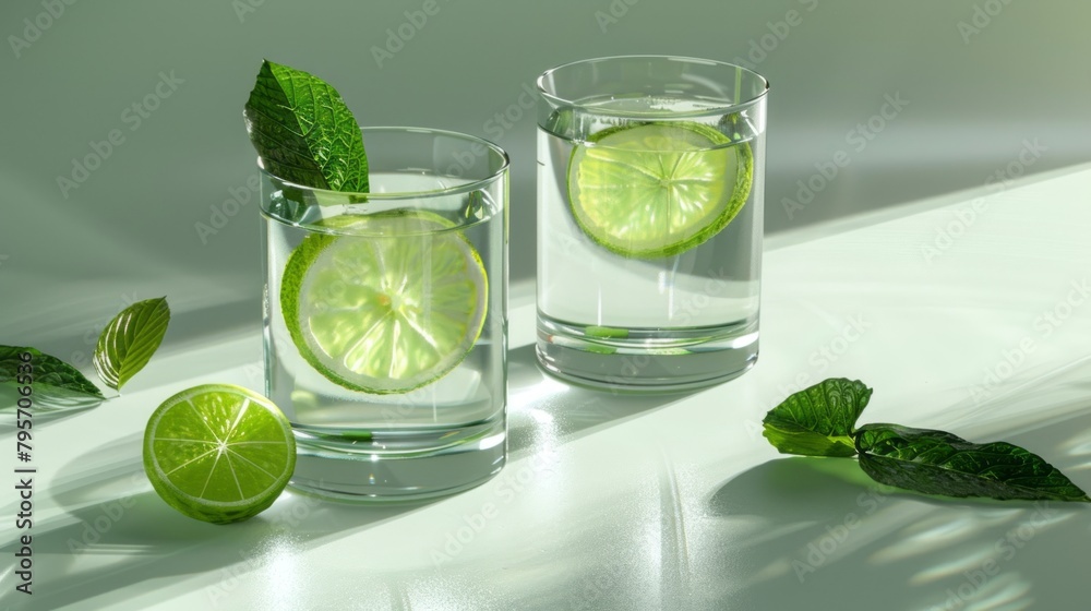 Two Glasses of Water With Limes and Mints. Two Glasses of Water With Limes and Mints.