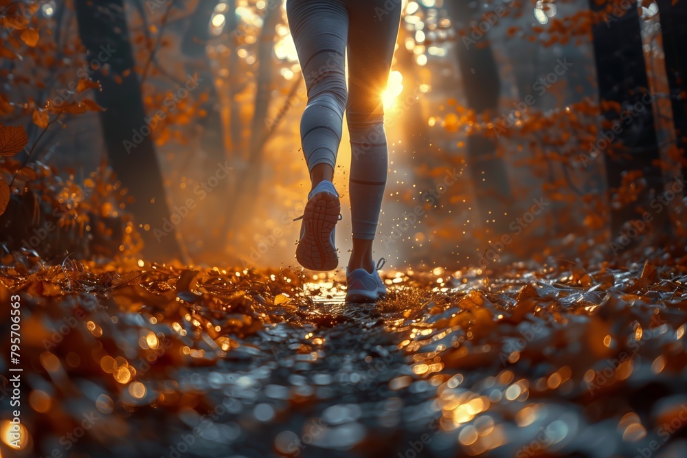 Backlit autumn walk with focus on shoes Backlit autumn walk with focus on shoes