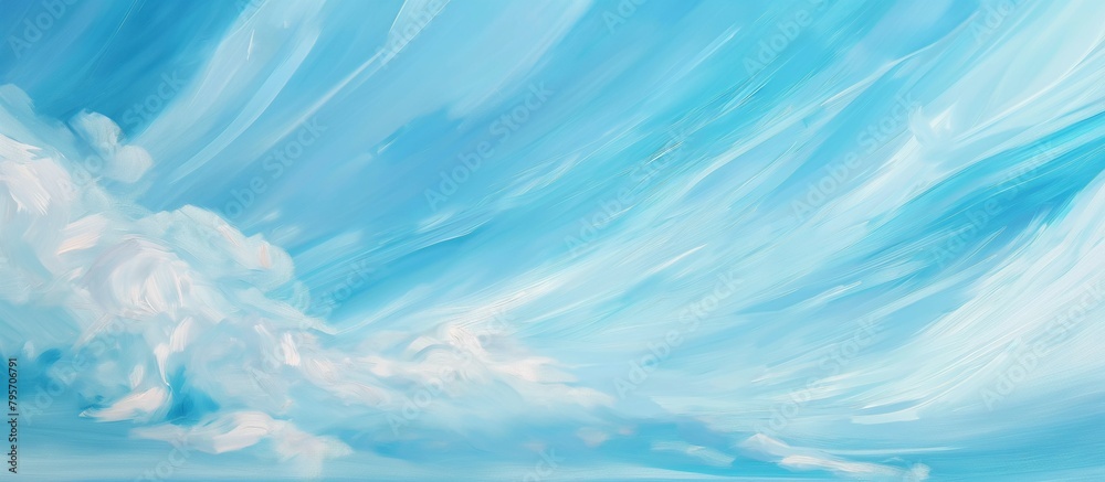 A beautiful oil painting of a blue sky with white clouds. Picture of the sky with white clouds painted by oil with harsh strokes. Fine arts. Impressionism and realism. Summer sky.