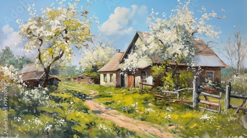Spring in the old village. Spring in the country. Fine art. Oil painting. Still life painting by oil. Rural landscape. Harsh strokes picture. Impressionism or realism.