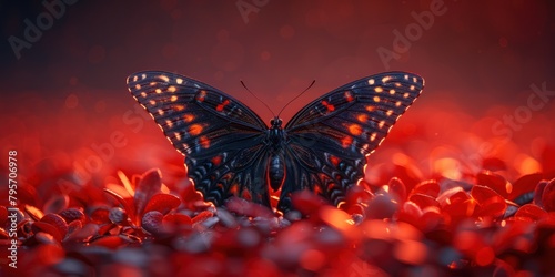 Majestic Black Butterfly Amidst a Sea of Vibrant Red Blooms © Miodrag