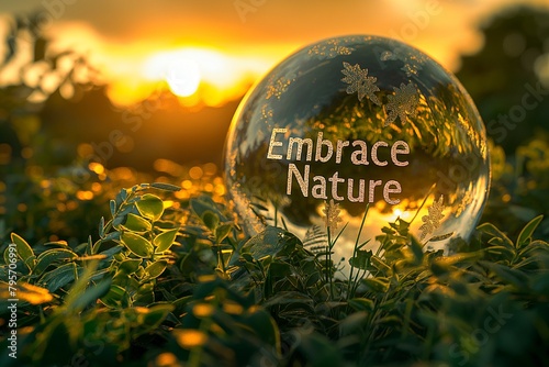 Crystal-clear glass globe adorned with 3D text Embrace Nature amidst lush greenery under a golden sunset sky photo