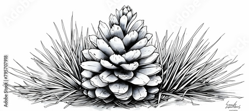 A simple line art of a pine cone on a bed of needles