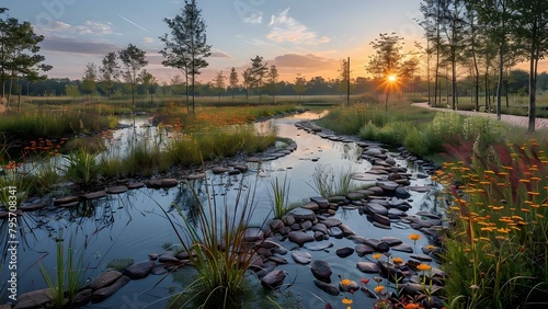 Urban park with rewilded wetland area showcasing diverse wildlife and plant habitats. Concept Urban Parks, Rewilded Wetlands, Wildlife Habitats, Plant Biodiversity, Nature Conservation photo