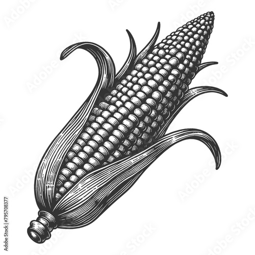 corn cob with pop corn husk and kernel texture sketch engraving generative ai fictional character vector illustration. Scratch board imitation. Black and white image.