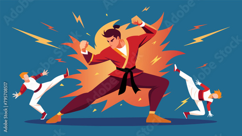 With fluid movements and lightningfast strikes a martial artist effortlessly takes down a line of opponents in a breathtaking display of