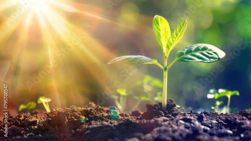 Young green plant growing on fresh soil with sunrays in the background created with Generative AI photo