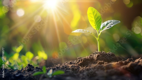 Young green plant growing on fresh soil with sunrays in the background created with Generative AI photo
