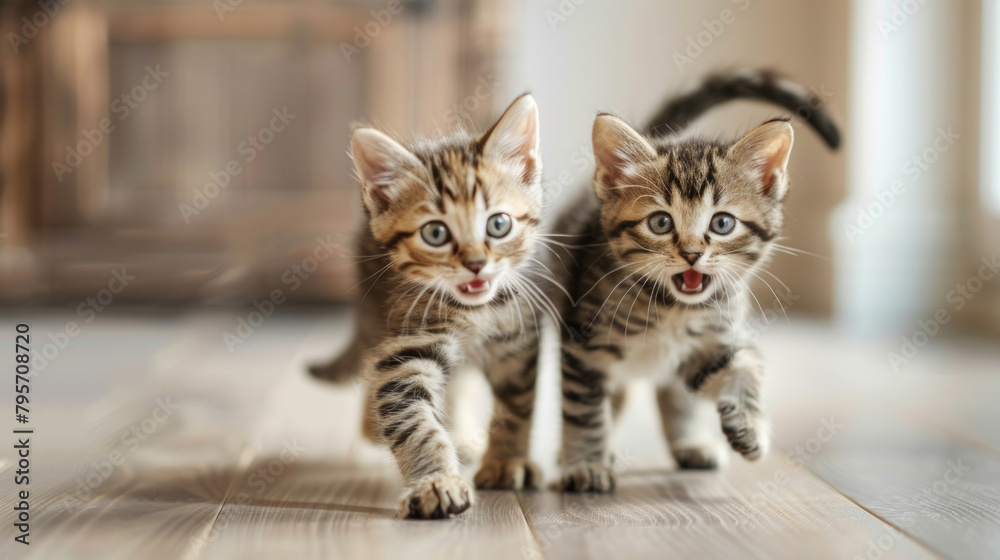 Two kittens, small in size, are walking across a wooden floor in a playful manner
