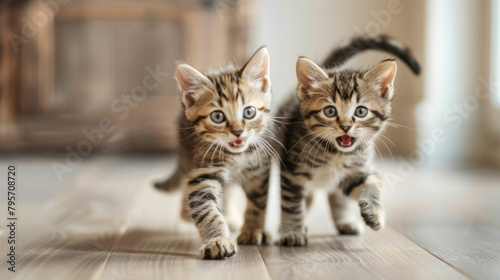 Two kittens, small in size, are walking across a wooden floor in a playful manner photo