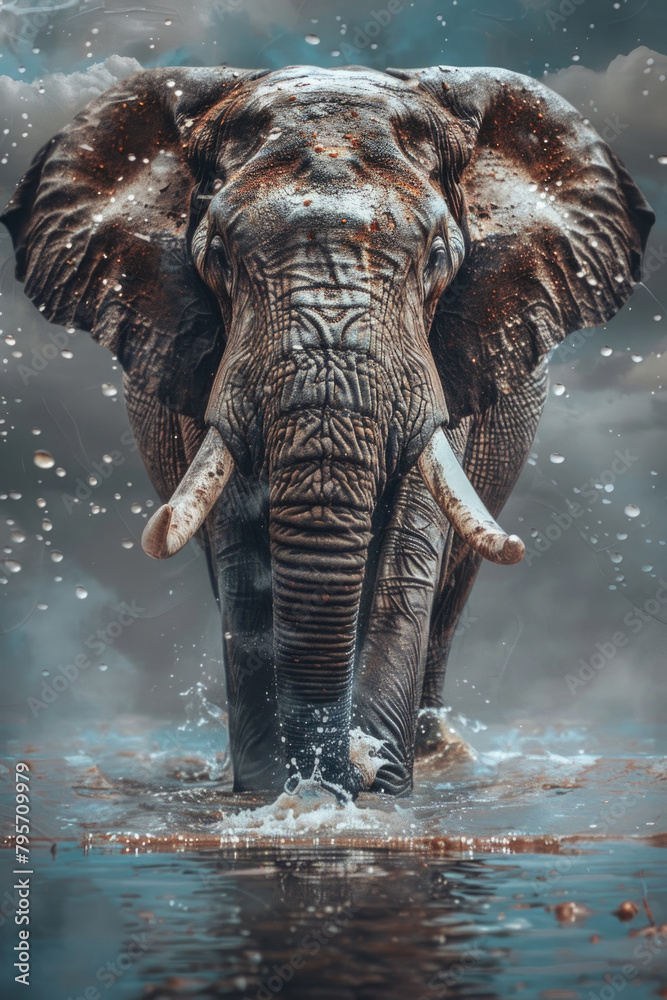 Fototapeta premium An elephant standing in a body of water, looking majestic and powerful as it cools off and drinks