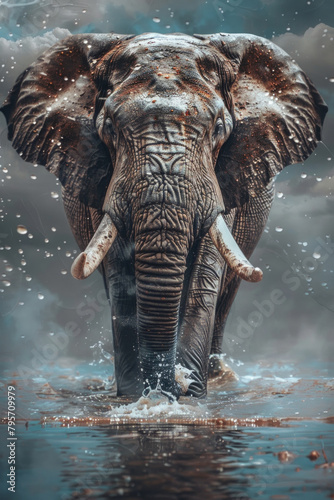 An elephant standing in a body of water  looking majestic and powerful as it cools off and drinks