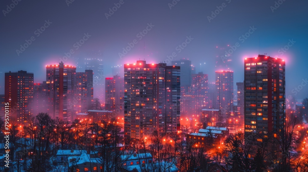 Fototapeta premium Glowing Metropolis: Night Cityscape Ablaze in Fiery Reds