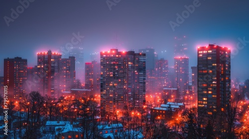 Glowing Metropolis: Night Cityscape Ablaze in Fiery Reds