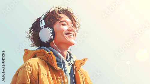 Young Asian man smiling while listening to music on headphones on a light background.