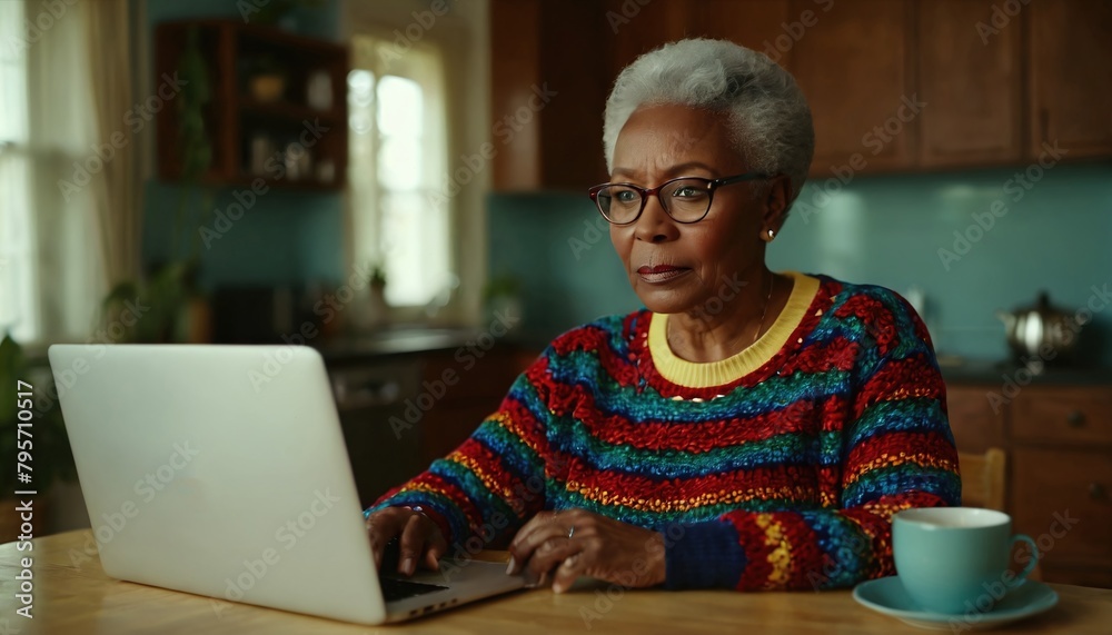 Older person sits at home and deals with the new digital possibilities in front of the computer screen Older person sits at home and deals with the new digital possibilities in front of the computer screen
