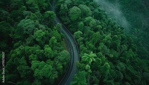 aerial view of beautiful winding highway road through dense green forest. ai generative © AriyaniAI