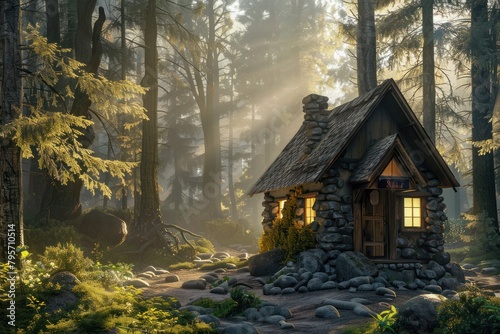 A small cottage made of stones sits in a forest clearing. The sun shines through the trees, illuminating the scene. The house has a thatched roof and is surrounded by rocks and greenery.