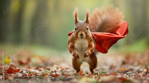 A squirrel standing with a red cape draped over its back