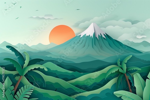 A picturesque sunset cascades over the serene Poas Volcano, presented in exquisite paper cutout art capturing the tranquil atmosphere. - AI Generated photo