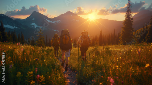 6. Summer Adventure: A group of friends sets out on a thrilling outdoor adventure, their backpacks packed with essentials as they traverse rugged trails, conquer towering peaks, an photo