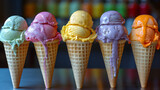8. Icy Treats: Glistening cones of rainbow-colored ice cream melt in the summer sun, their sweet, creamy goodness a welcome respite from the sweltering heat, as delighted children