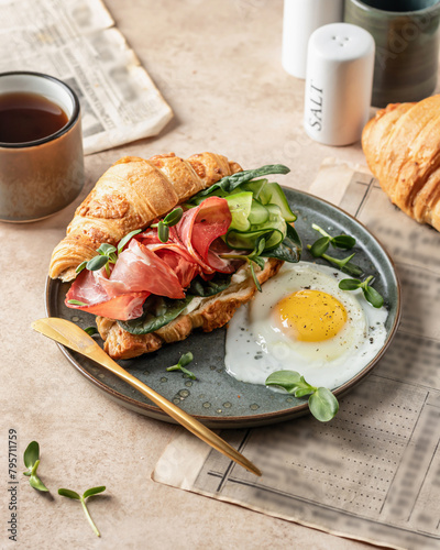 Fresh croissant sandwich with prosciutto or ham, cucumber, soft cheese and micro green and fried egg for breakfast
