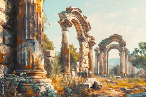 Glimpse the splendor of archways standing proud in the ruins, a vector-style AI Generated tribute to ancient architectural mastery. photo