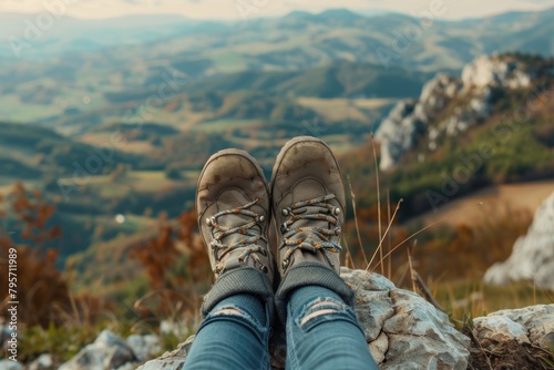 A pair of worn out hiking boots are resting on a rocky ledge. The boots are covered in dirt and grass, and the person wearing them is looking out over a beautiful mountain landscape