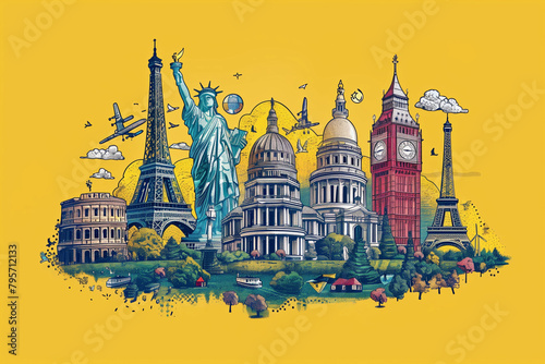 A lively AI Generated vector illustration merging famous monuments with playful skies, bringing a whimsical travel vibe in a vibrant yellow backdrop.