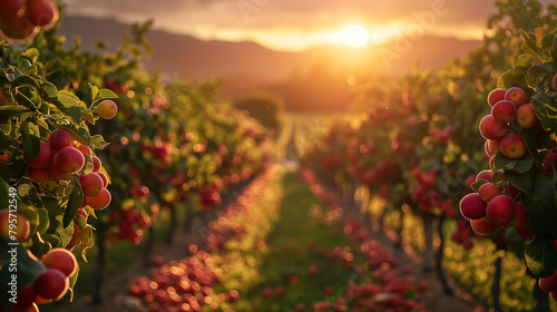 20. Seasonal Harvest: Orchard trees bow under the weight of ripe fruit, while vineyards stretch to the horizon, heavy with clusters of grapes ready for harvest, as farmers and wine photo