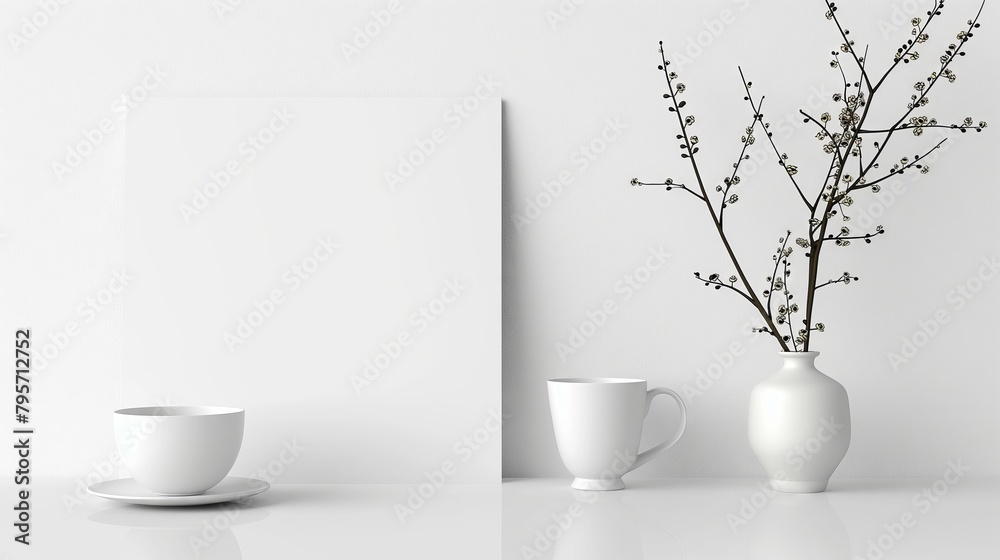 Elegant presentation of a clean mockup sheet ready for text. White coffee cups and vase with twigs on a pure white background. Concept of minimalist style, product showcase, mockup design. Copy space Elegant presentation of a clean mockup sheet ready for text. White coffee cups and vase with twigs on a pure white background. Concept of minimalist style, product showcase, mockup design. Copy space