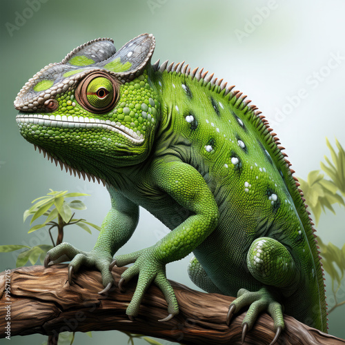 Watercolor Green colored chameleon close up  clipart Illustration  Generative Ai