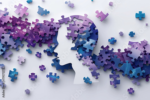 A flat design showcasing a head silhouette filled with puzzle pieces in varying shades of purple and blue AI Generated.