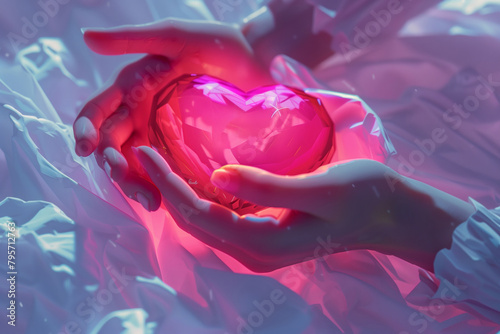 A vivid heart encased in crystal, tenderly held by caring hands in a tranquil icy landscape, conveying warmth amidst cold. AI Generated