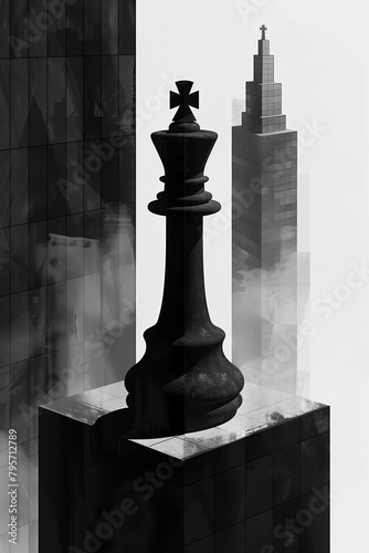 In a city cloaked in shadows, a chess king stands sentinel on a monolithic plinth, embodying urban vigilance and strategy. AI Generated