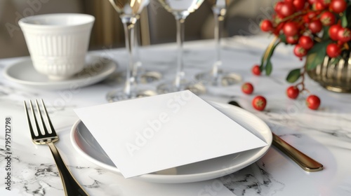 Elegant dining setting with a blank white card on a plate, sophisticated flatware. Table arrangement with empty invitation mockup. Copy space. Concept of formal dinner, invitation, and fine dining.