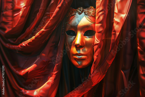 The allure of a secretive mask, swathed in crimson folds, captivates in this AI Generated piece.