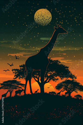 Vector artwork of a majestic giraffe under a starlit sky with a textured moon, capturing the beauty of safari nights. AI Generated
