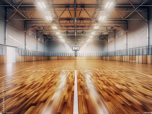 Indoor basketball court lying empty under a soft, diffused overhead light that gently illuminates the polished wood floor and the vivid court lines. photo