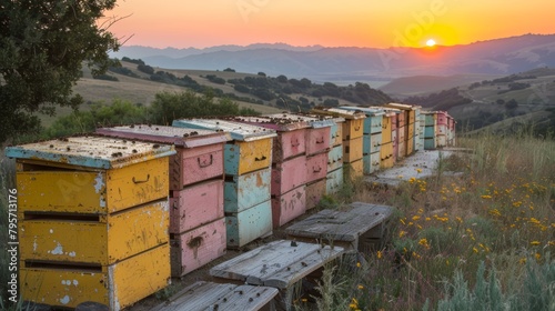 Peaceful apiary among wildflowers. Bee hives in a meadow. Beekeeping. Concept of apiculture, honey farming, serene agriculture, natural beauty, rural life, pollinator habitats