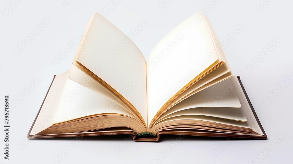 Open book on white background, side view. Empty pages in a book. Open book on white background, side view. Empty pages in a book.
