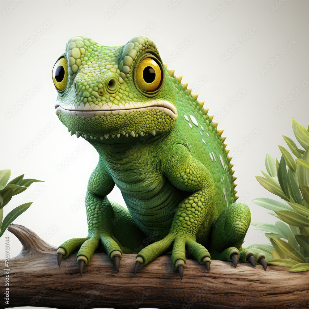 Obraz premium Watercolor Green colored chameleon close up, clipart Illustration, Generative Ai